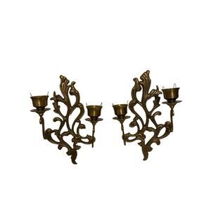 Vintage Neoclassical Ornate Heavy Brass Acanthus Leaf wall Sconces Pair of 2